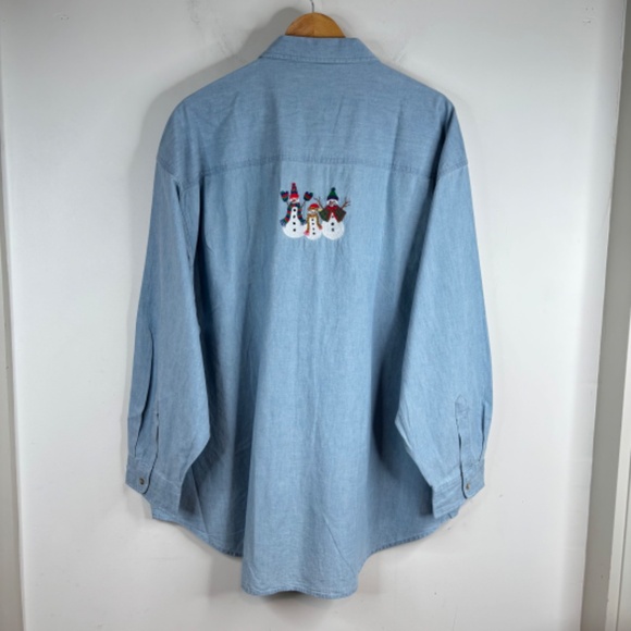 VTG NWT Embroidered Christmas Denim Button Down 3X Snowman Holiday 90s Snowflake - Picture 3 of 8